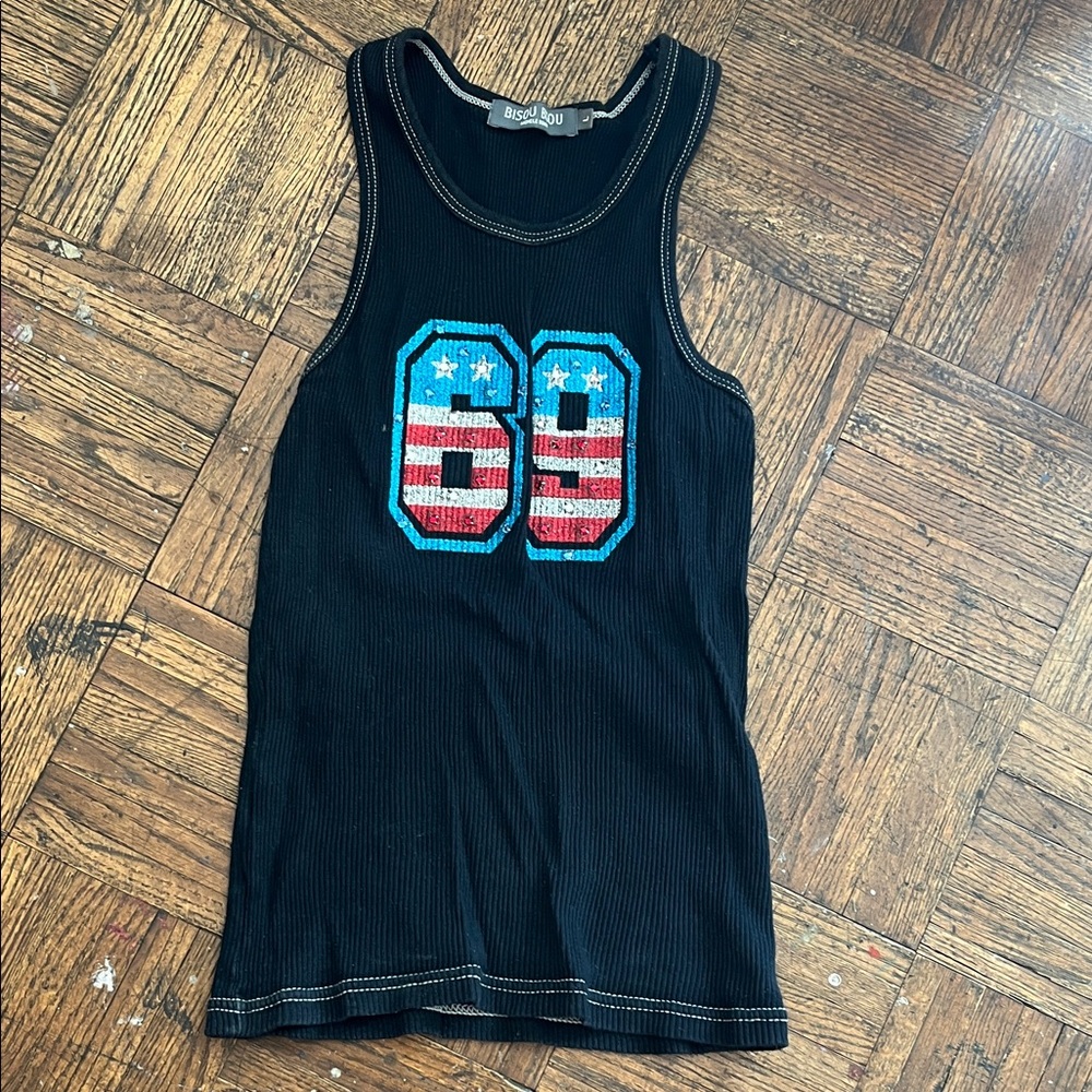 Bisou Bisou Black Ribbed Tank Top 69 SPARKLE APPLIED TANK ( fits small) - Picture 1 of 6